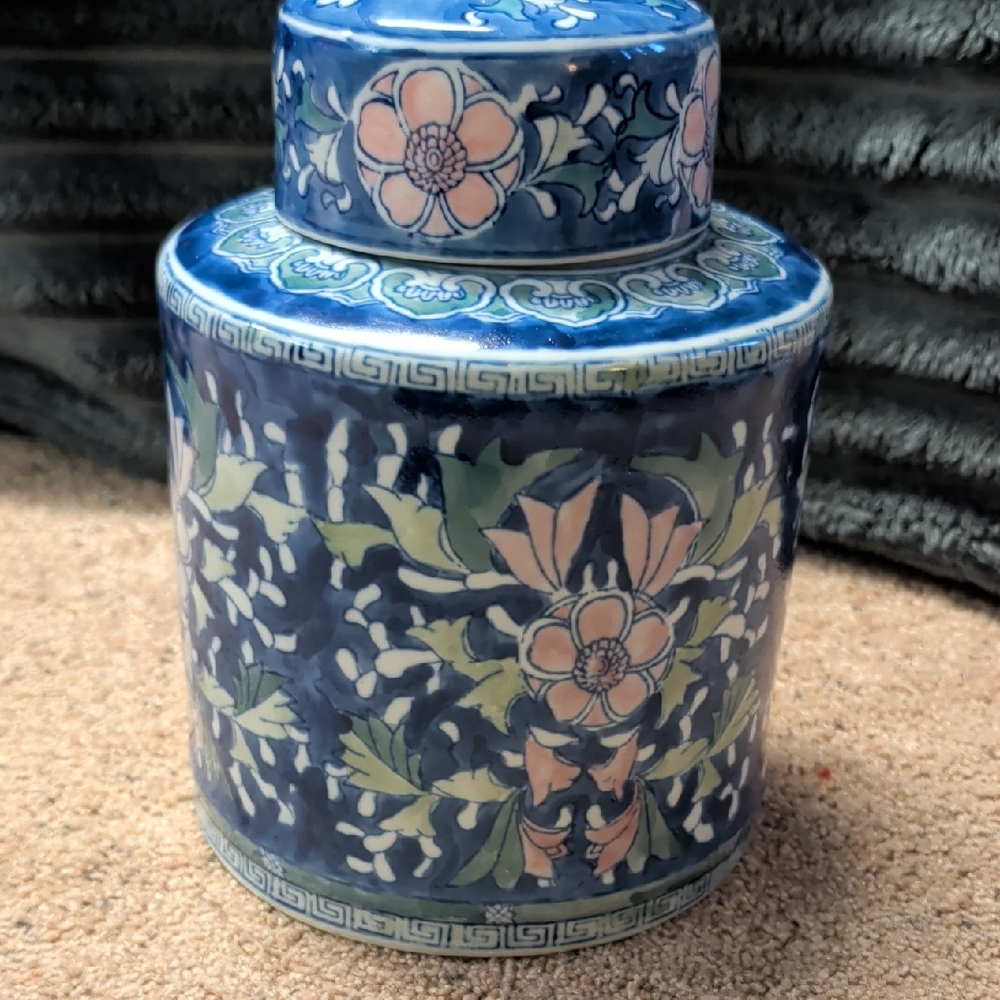 Designer Collectors Item Hand Painted Pink Blue 10-in Tall  Vintage Ginger Jar